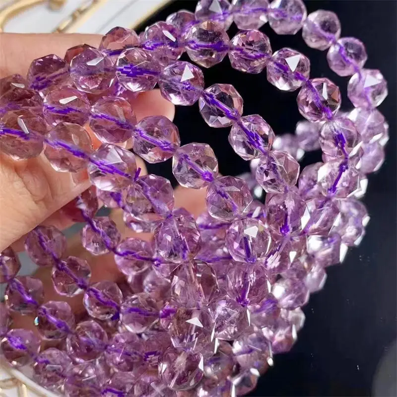 10MM Natural Faceted Amethyst Bracelet Women Fashion Crystal Round Beads Lovers Strand Bangles Jewelry 1pcs