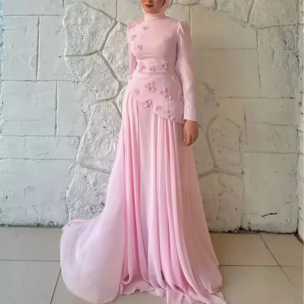 

Индивидуальное скромное розовое шифоновое вечернее платье Абиye с 3D цветами и высоким воротом для мусульманских женщин, официальное вечернее платье (فساتين سهرة)