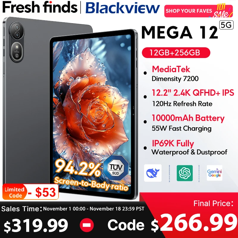 블랙뷰 메가 12 태블릿 5G 디멘시티 7200 CPU 12.2인치 2.4K 120Hz 디스플레이 IP69K 방수 50MP 10000mAh 패드 PC
