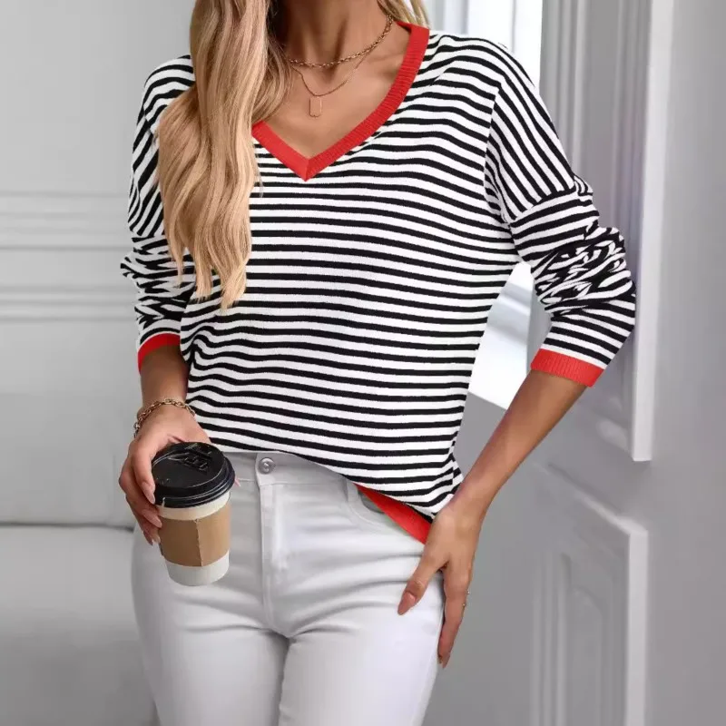 2024  Autumn Women's V-neck T-shirt Striped Contrasting Casual Short Top Fashionable Loose Long Sleeved Pullover Knitted Sweater