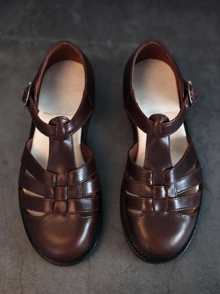 Retro Men Comfortable Summer Handmade Vintage Weave Sandal Genuine Leather Shoes Breathable Close Toe Buckle Strap Sandals Male
