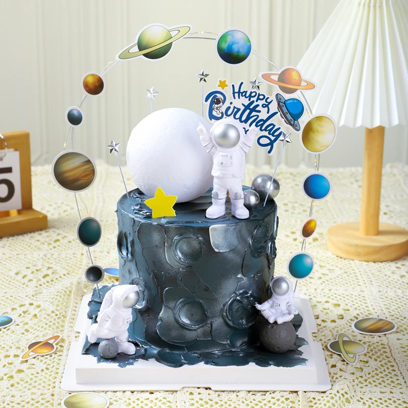 Astronaut Cake Topper Outer Space Birthday Decoration Boy Astronaut Cake Decoration Planet UFO Moon Baby Shower Kids Party Tools