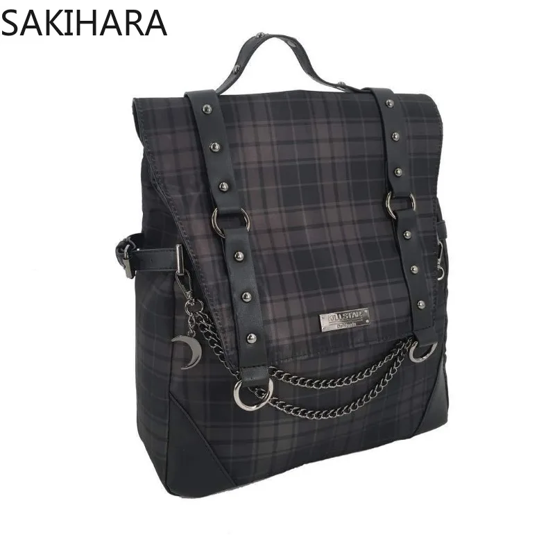 School Backpack for College Students New Arrive Gothic Dark Rock Plaid Chains Designer Large Capacity Preppy Bags for Women