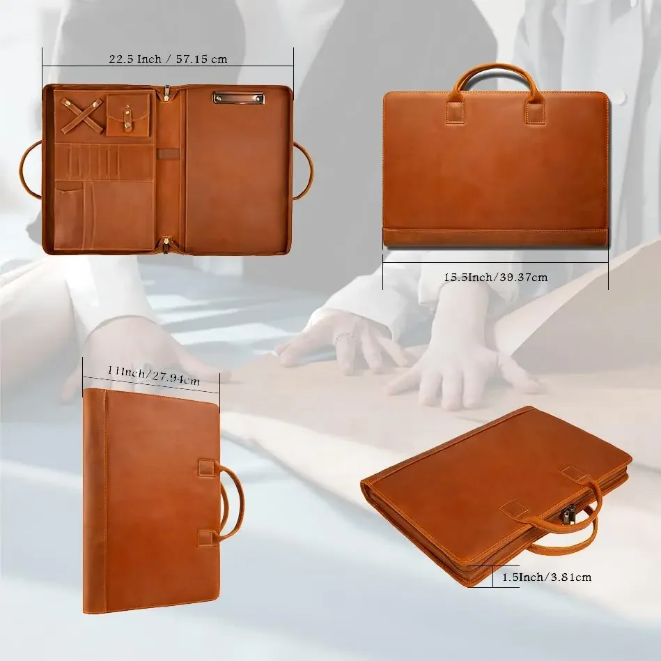 First layer cowhide retro style portable briefcase multi-functional storage folder 15.6 inches