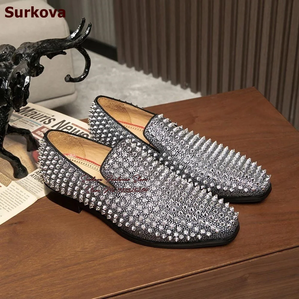 

Surkova Men's Silver Black Full Crystal Rivets Dress Shoes Slip-on Bling Bling Rhinesone Metallic Studded Wedding Shoes Loafers