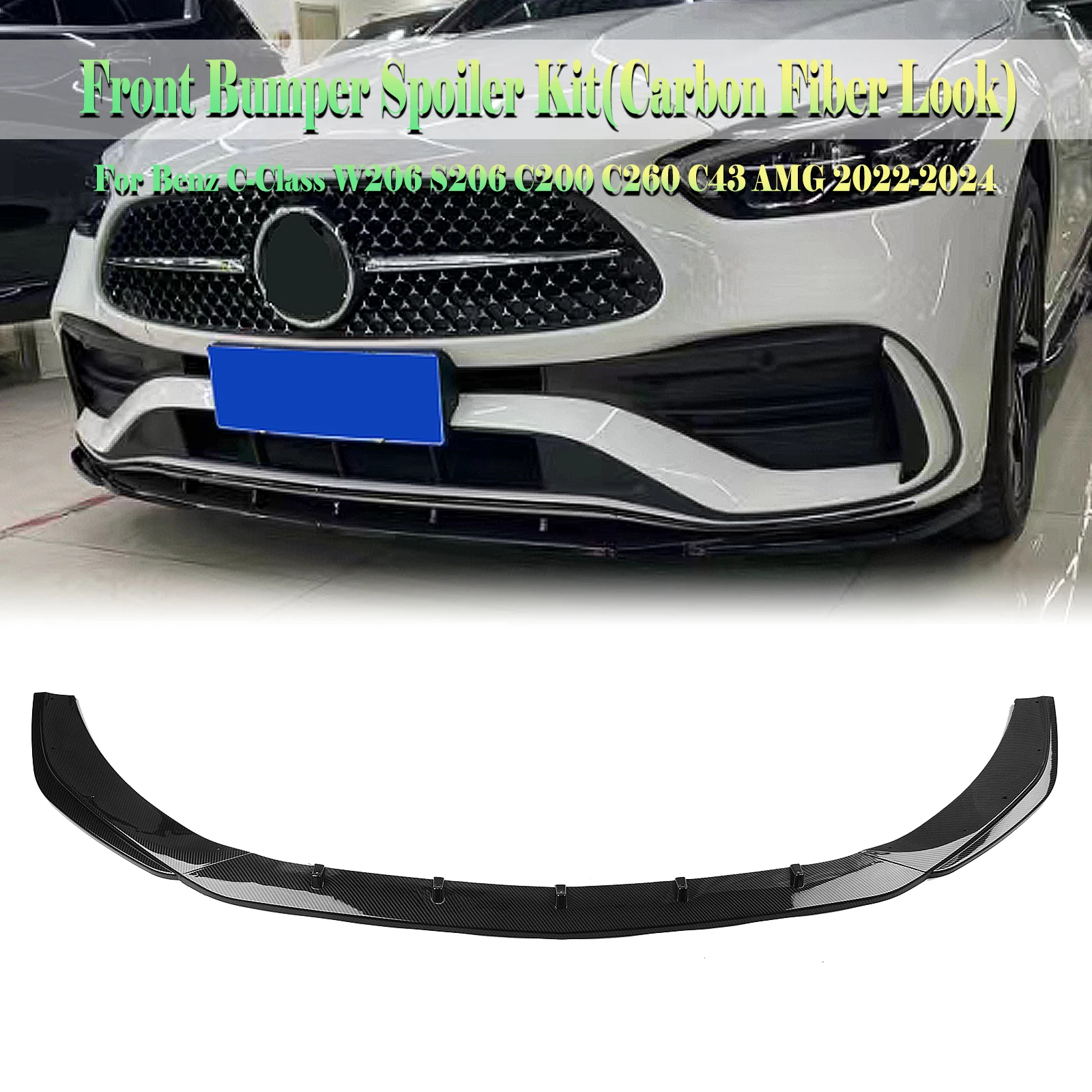 

For Mercedes Benz C Class W206 S206 C200 C260 C43 AMG 2022-2024 Carbon Fiber Look/Gloss Black Splitter Front Bumper Spoiler Lip