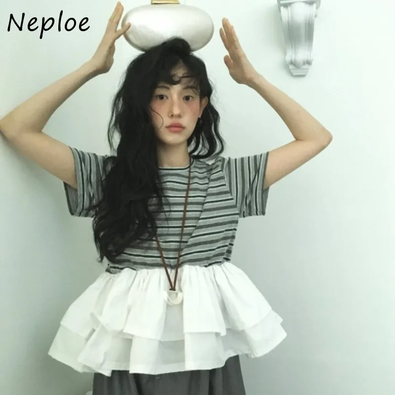 

Neploe Minority Vintage Literary Korea Crop Top Sweet Stripe Patchwork Ruffles Shirt Age Reduction Elegant Slim Ball Gown Mujer