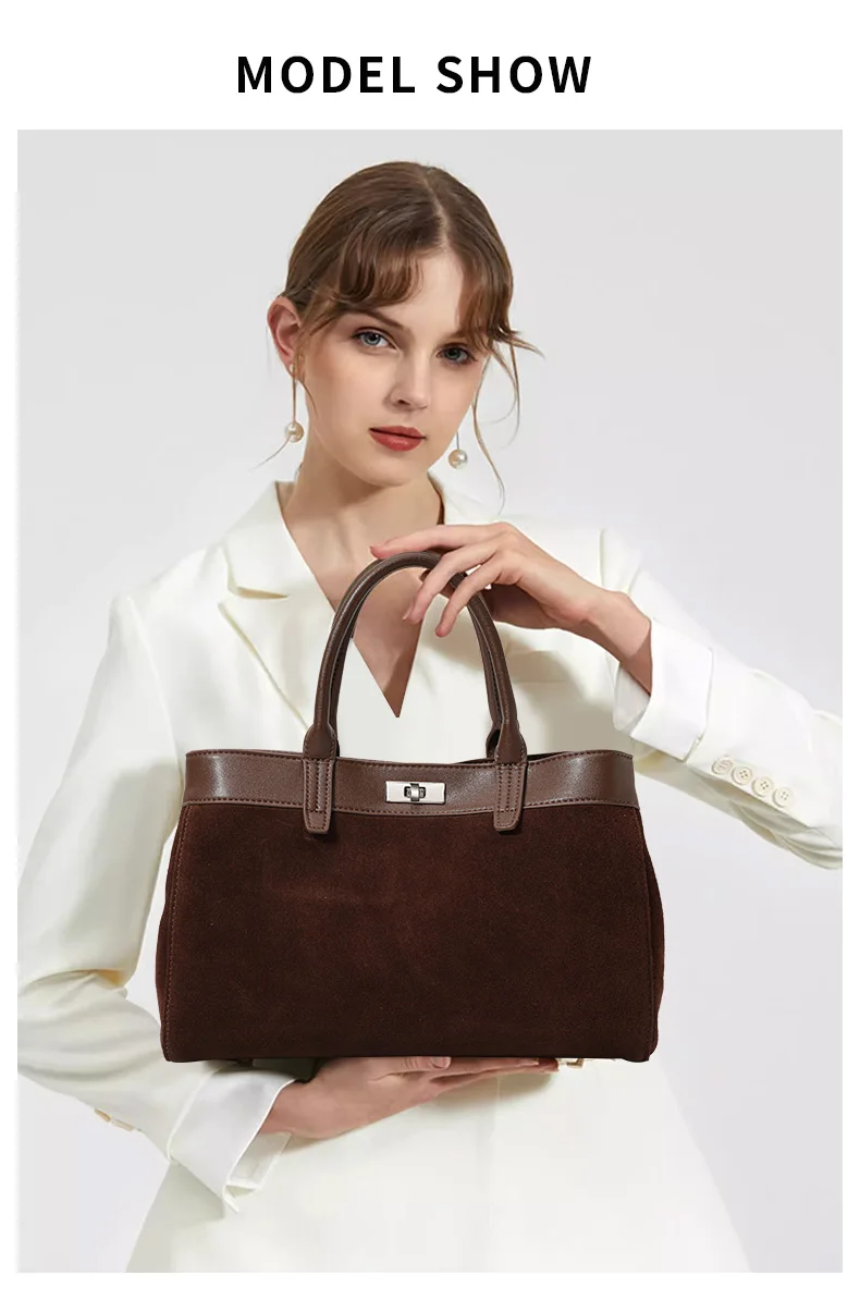 Damen Wildleder- & Leder-Tragetasche, Henkeltasche mit Silber-Verschluss, Damen-Umhängetasche Ideal für Arbeit & Alltag – Detail 1