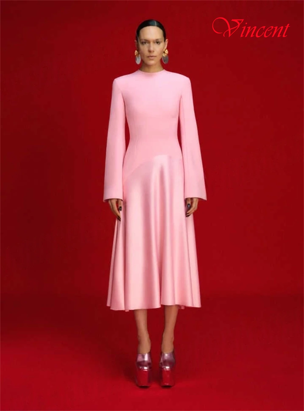 Customized Simple Pink Satin Evening Dress Classic O-Neck Long Sleeves Celebrity Gowns Fashion Straight Tea Length Prom Dresses