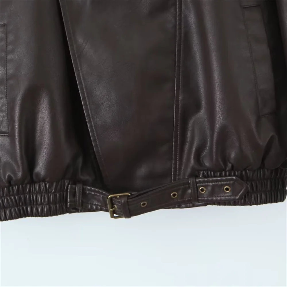 Chaqueta de cuero holgada y versátil con decoración de cremallera y manga larga con cuello para mujer, nuevo producto de otoño