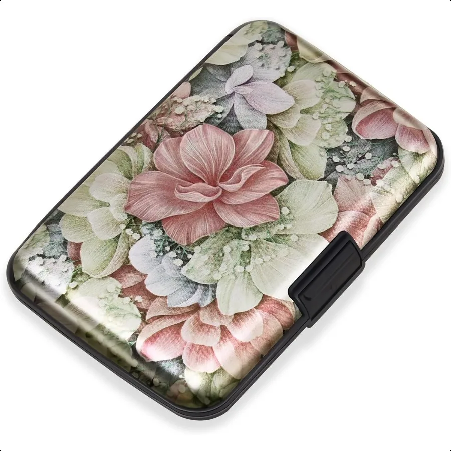 

Mayski Credit Card Holder RFID Blocking Aluminum Alloy Hard Case Small Mini Busin Metal Wallet for Women Men Happy Flower