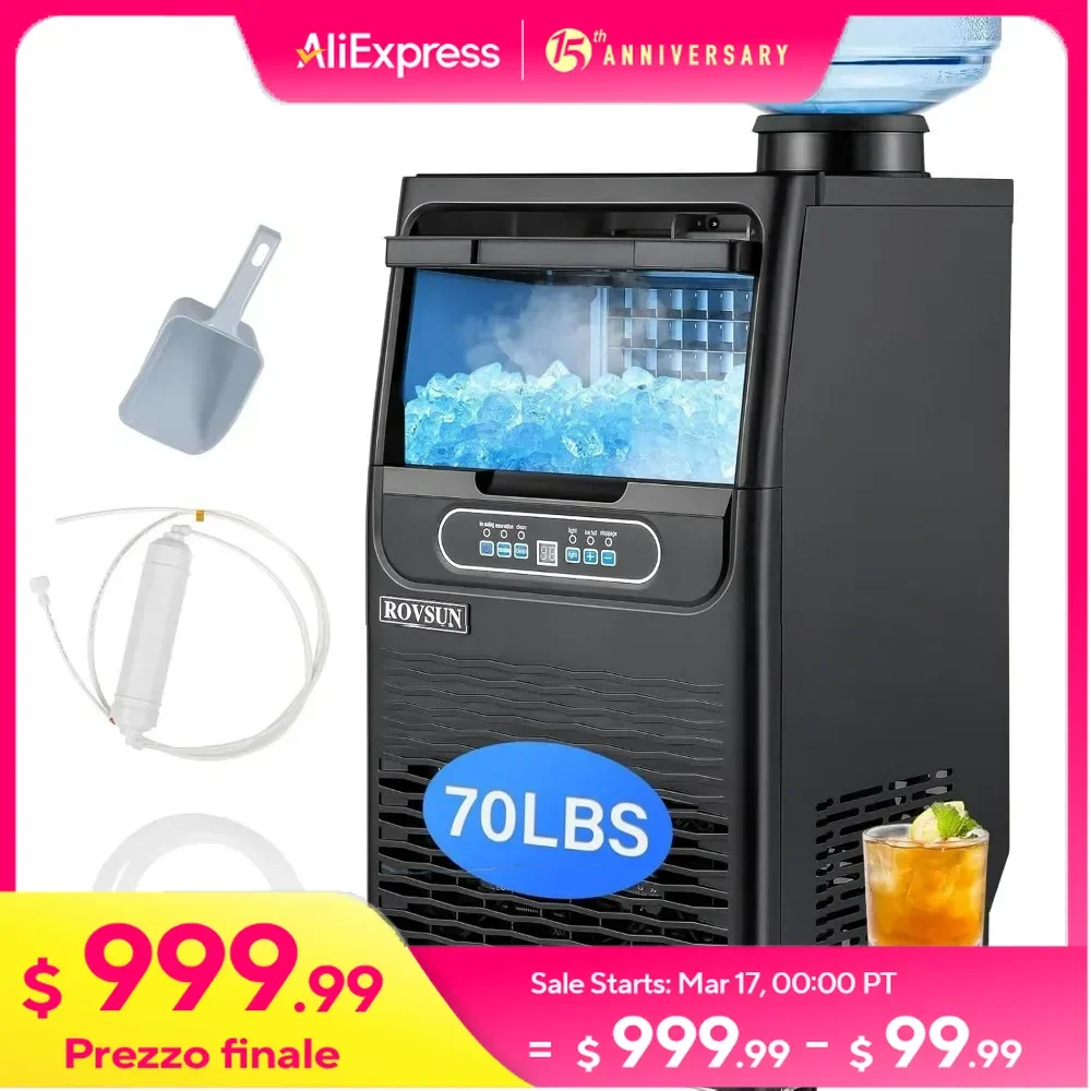 70LBS/24H Ice Maker with 2 Water Inlets & Appointment Function, with 11lbs Storage Bin, Ice Scoop, Drain Pipe & Water Filter