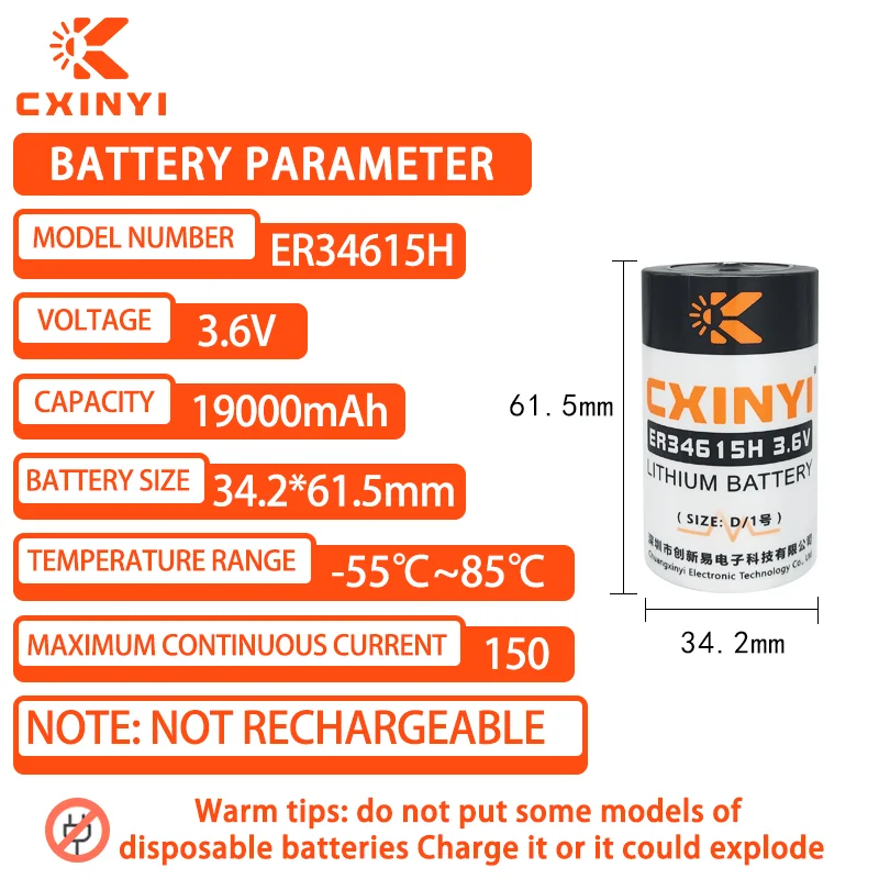 CXINYI ER34615H D Size 3.6V Flow Meter Gas Meter Water Meter LoT Locator PLC Equipment Servo GPS Locator Non-rechargeable