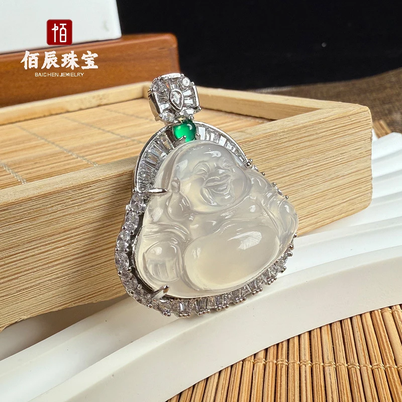 Silver-plated pendant with ice white chalcedony Buddha figure, agate women's jade Maitreya Buddha necklace, live stream supply