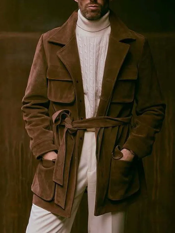 

Мужское замшевое пальто средней длины, американское пальто, осень-зима, винтажная ветровка с лацканами на пуговицах, модное повседневное длинное пальто