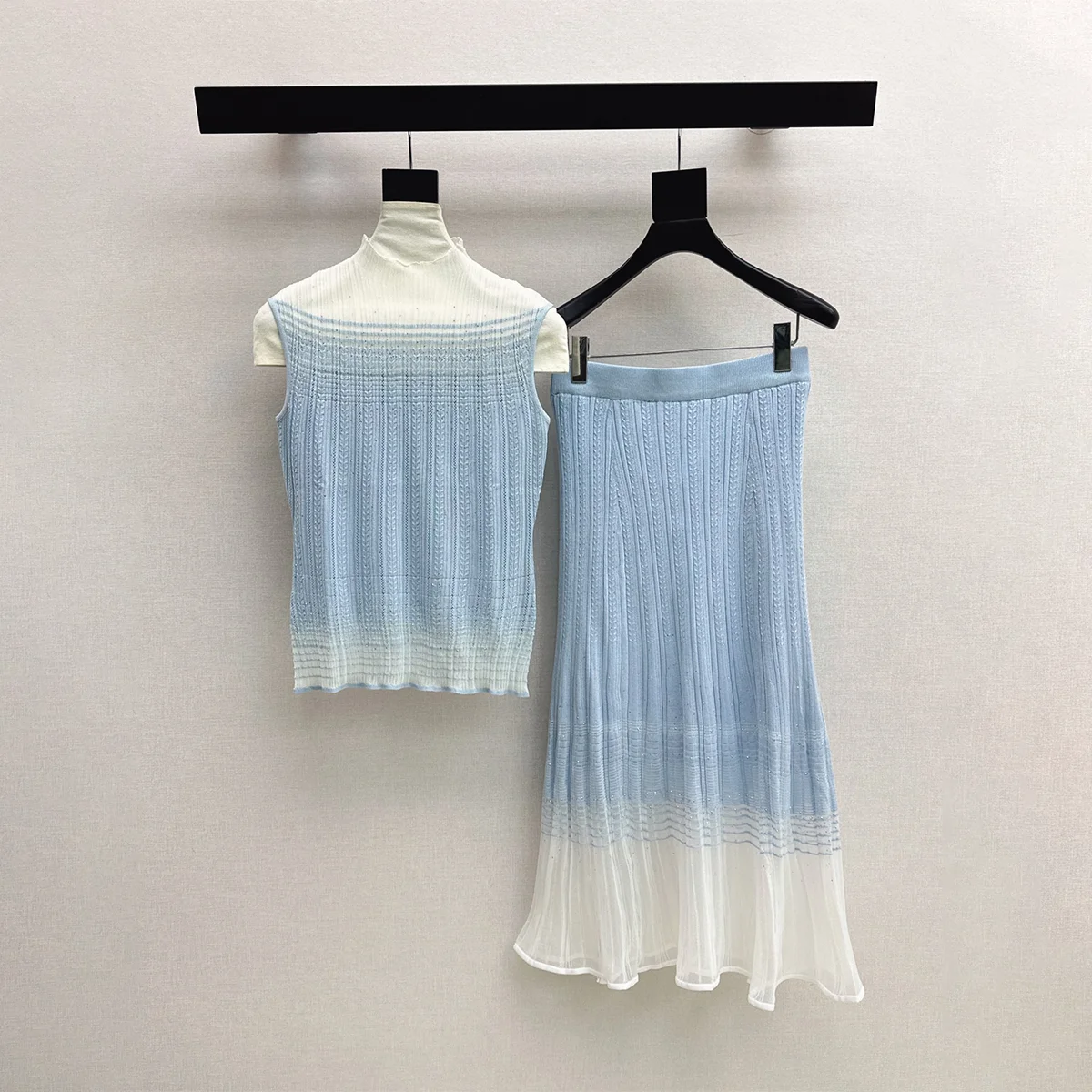 2026 High Quality Women's Gradient Hot Diamond Knitted Tank Top Mesh Splicing Fish Tail Half Skirt Two Piece Set--hb731