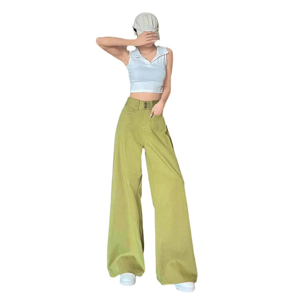 Women's Long Leg Jeans Denim avocado green  crotch covering  loose straight wide leg mop pants casual bell-bottom trousers S 3XL