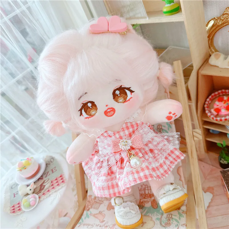 

20cm Cute Pink Dress Suit Plush Doll Clothes Kawaii Soft Stuffed Cotton Doll No Attributes Naked Doll for Kids Girls Fans Gifts