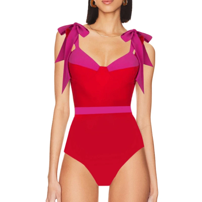 2023 Sexy Solid Red One Piece Swimsuit Women Push Up Lace-up Bandage Bodysuit Brazilian V-Neck Bathing Suit Swimwear Beachwear