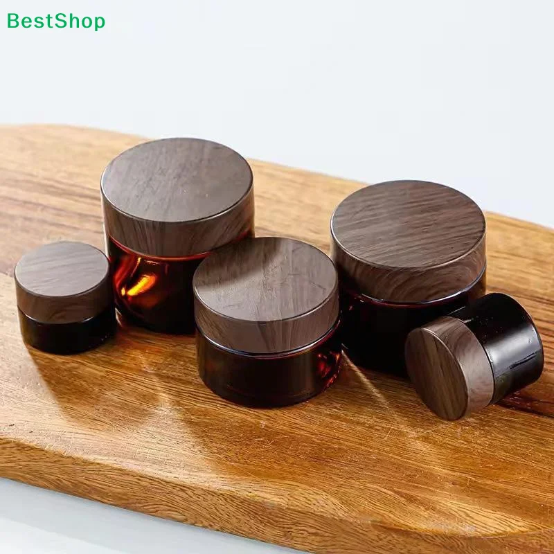 ♥ Bernsteinfarbene Glas-Kosmetikdosen mit Holzmaserungsdeckeln – Nachfüllbare Behälter für Creme, Lotion & Hautpflege