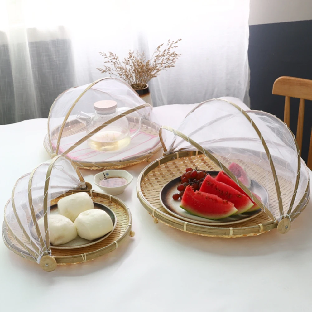 Bamboo Woven Basket Anti-Mosquito Net Fruit Vegetable Basket Dustpan Tent Basket Tray Portable Outdoor Picnic Mesh Net Cover