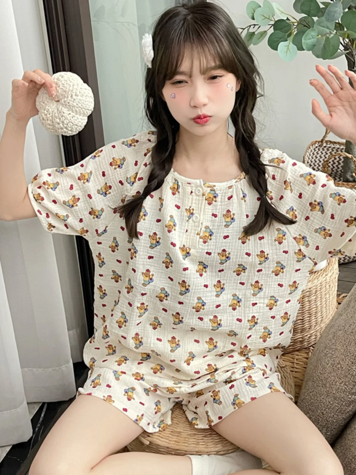 

Summer Cute Cartoon Dog ort Sve Spwear Set Comfortable Loose Breathable Pure Cotton Gauze Home Clothes for Women Stud...