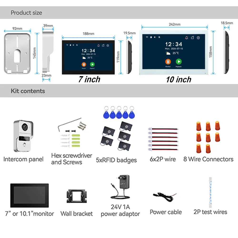 7/10inch Wifi 2 Wire Intercom Door Bell Video Intercom System For Home Doorphone WiFi Tuya Smart Life APP 1080P Touch Monitor