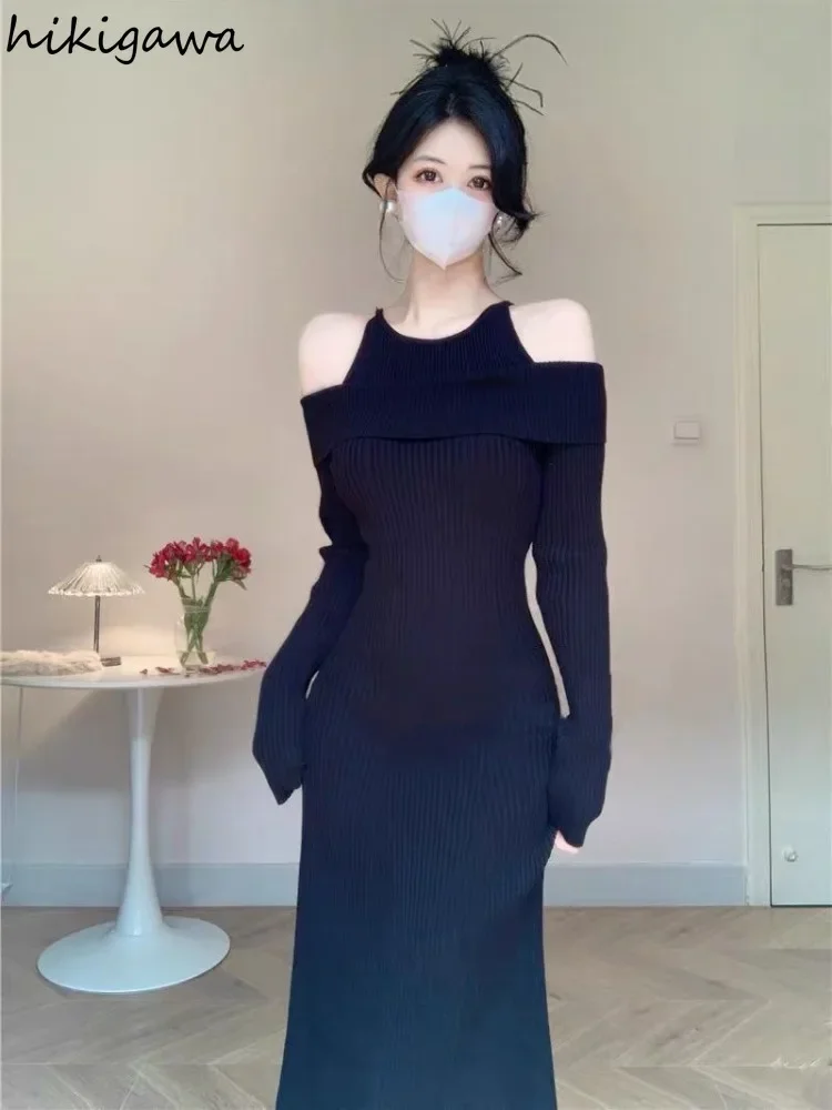 Korean Vintage Sexy Dresses Women Off Shoulder Tunic Temperament Robe Femme Thicked Knitted Maxi Dress 2024 Vestidos De Mujer