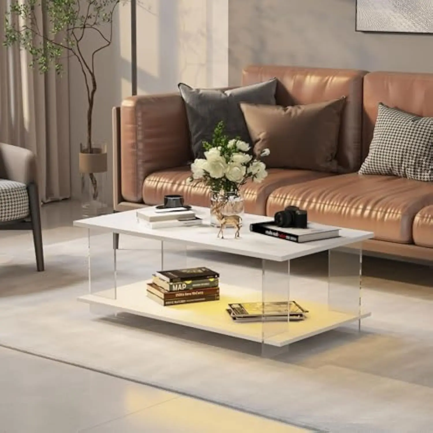 

2025 New 43 Acrylic Coffee Table with Wood Table Top, Minimalist Modern Rectangular Center Tables for Living Room, Led Living R