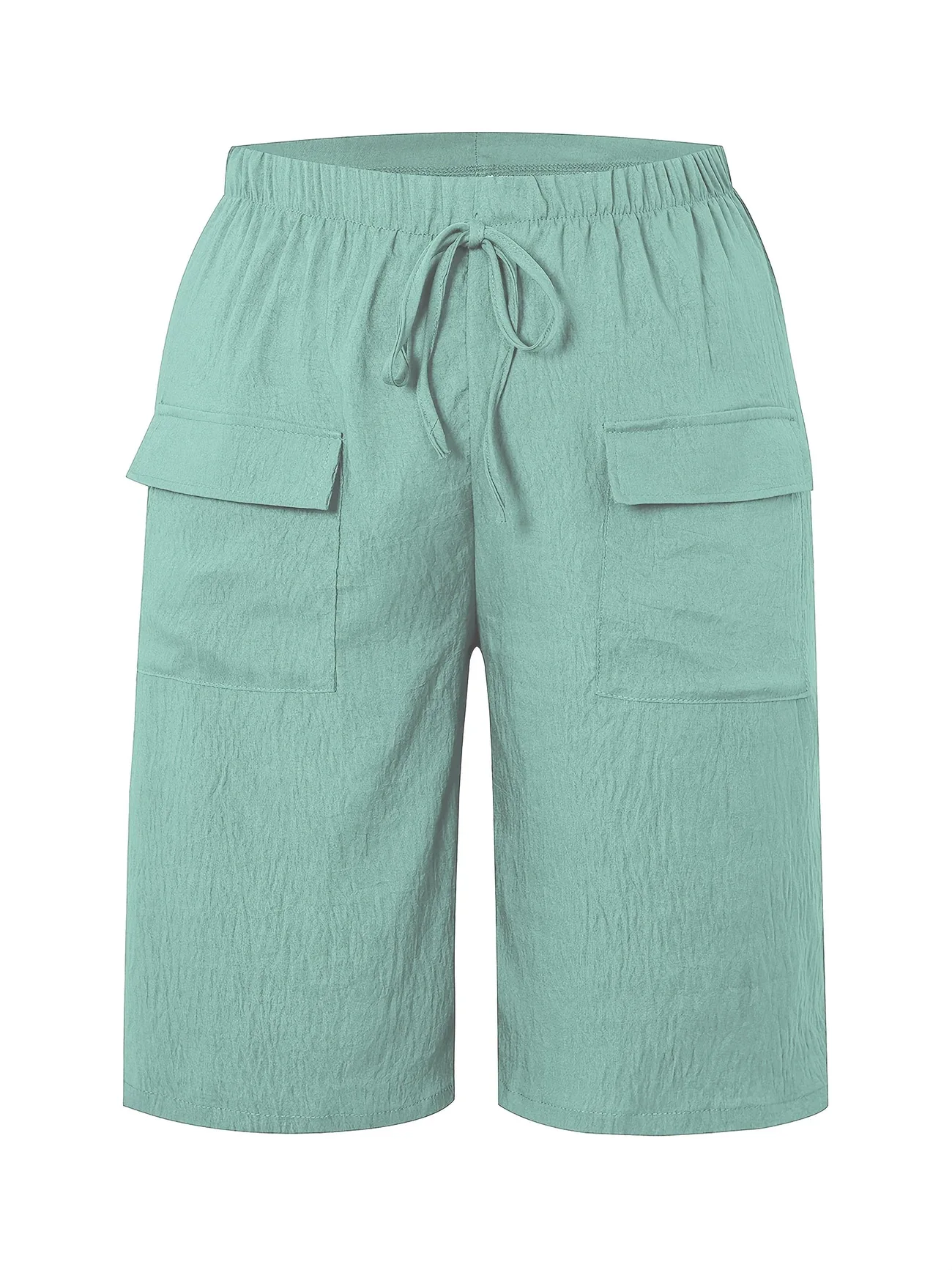 2026 New Summer Autumn Knee Length Drawstring Elastic High Waist Short Style Women's Pockets Casual Solid Color Shorts Pants