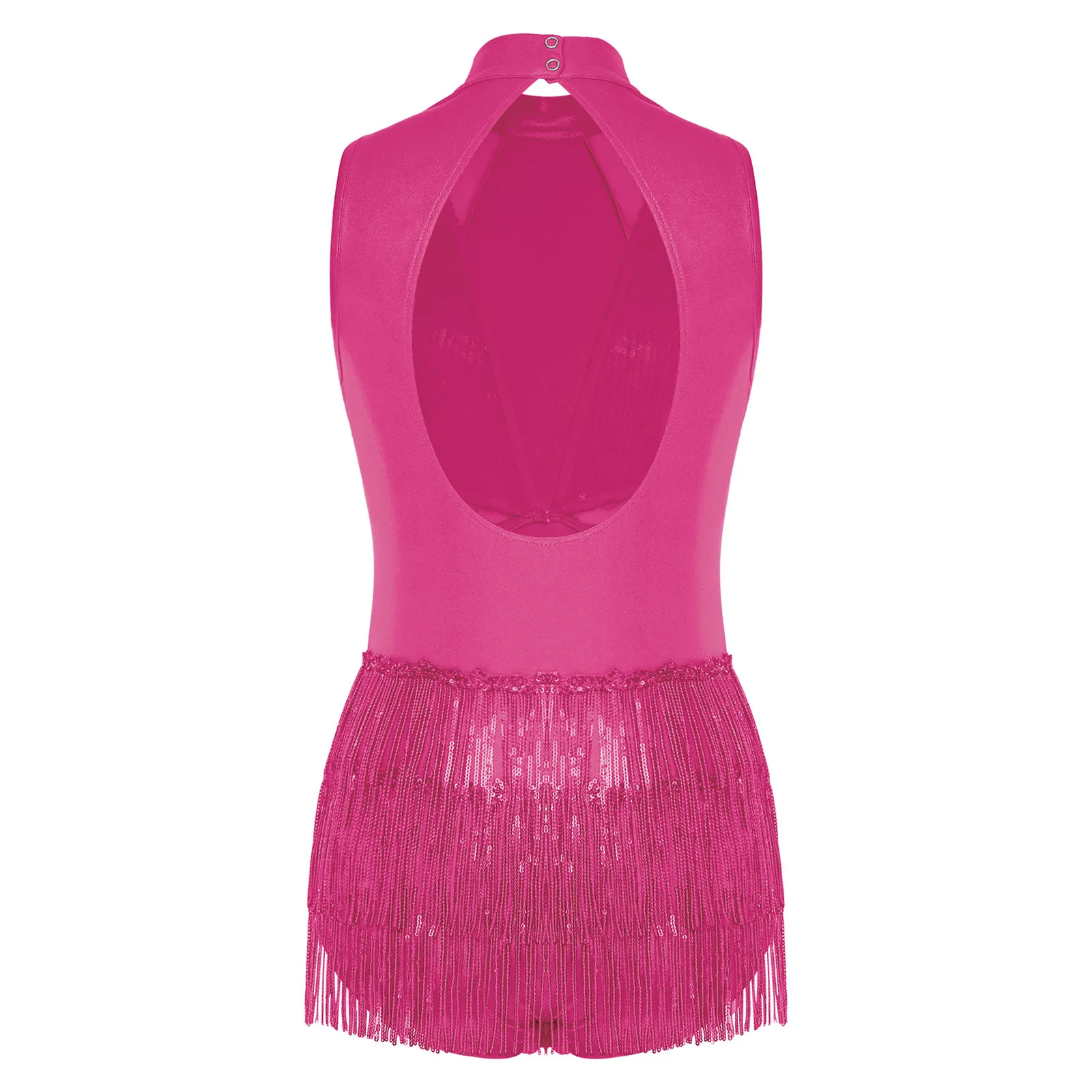 Justaucorps de danse latine Chacha pour femmes, métallique brillant, paillettes, pompon, sans manches, découpe au dos, Patchwork, body pour le patinage artistique Jazz