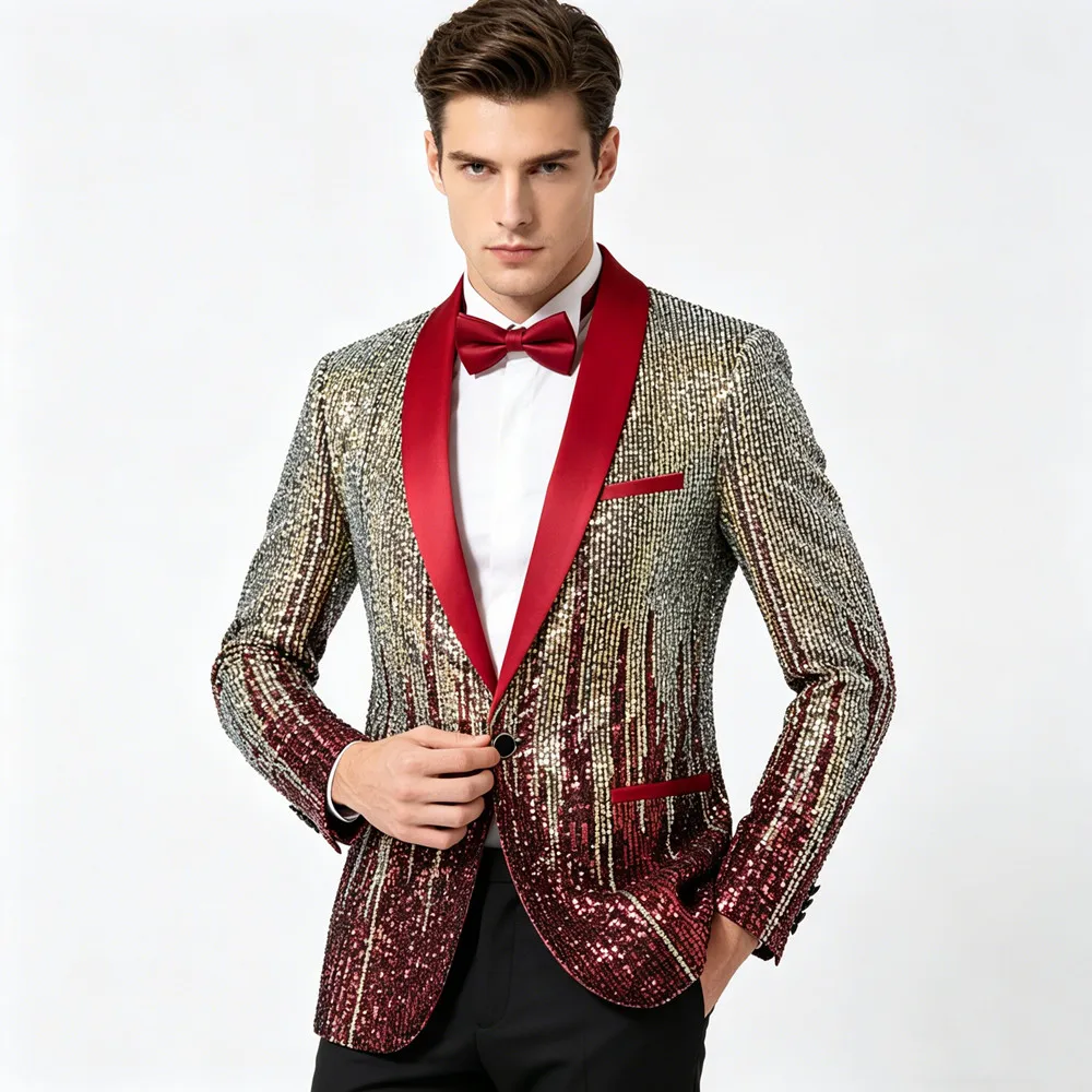 Men's Gradient Sequin Blazer Shawl Collar Party Prom Suit Jacket Luxury Glitter Blazer Jacket for Wedding Banquet Performance