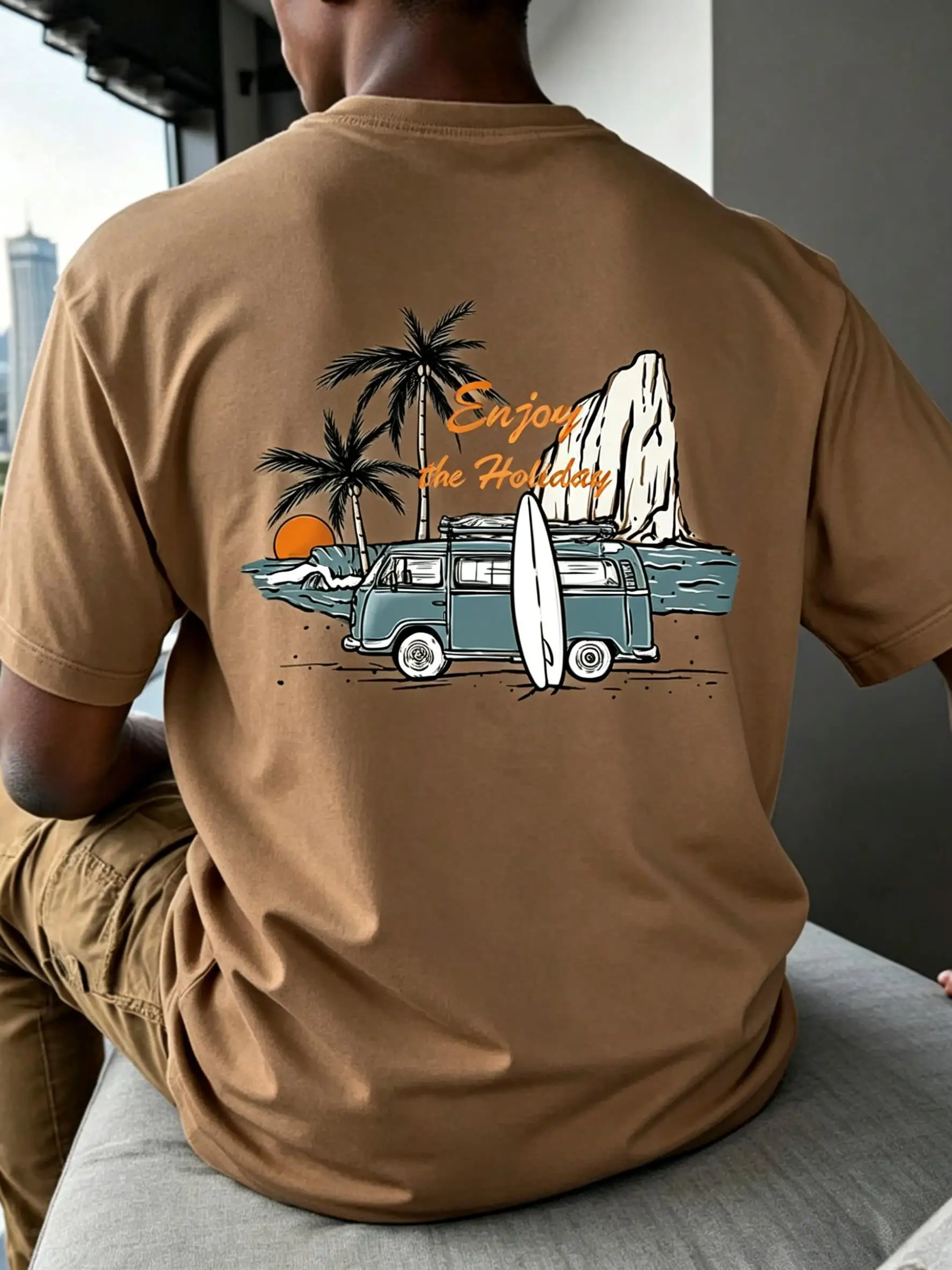 Enjoy The Holiday Surfing Coconut Tree Printed Men T-Shirt Cotton Summer Short Sleeve Casual Oversized T Shirt Soft Clothes