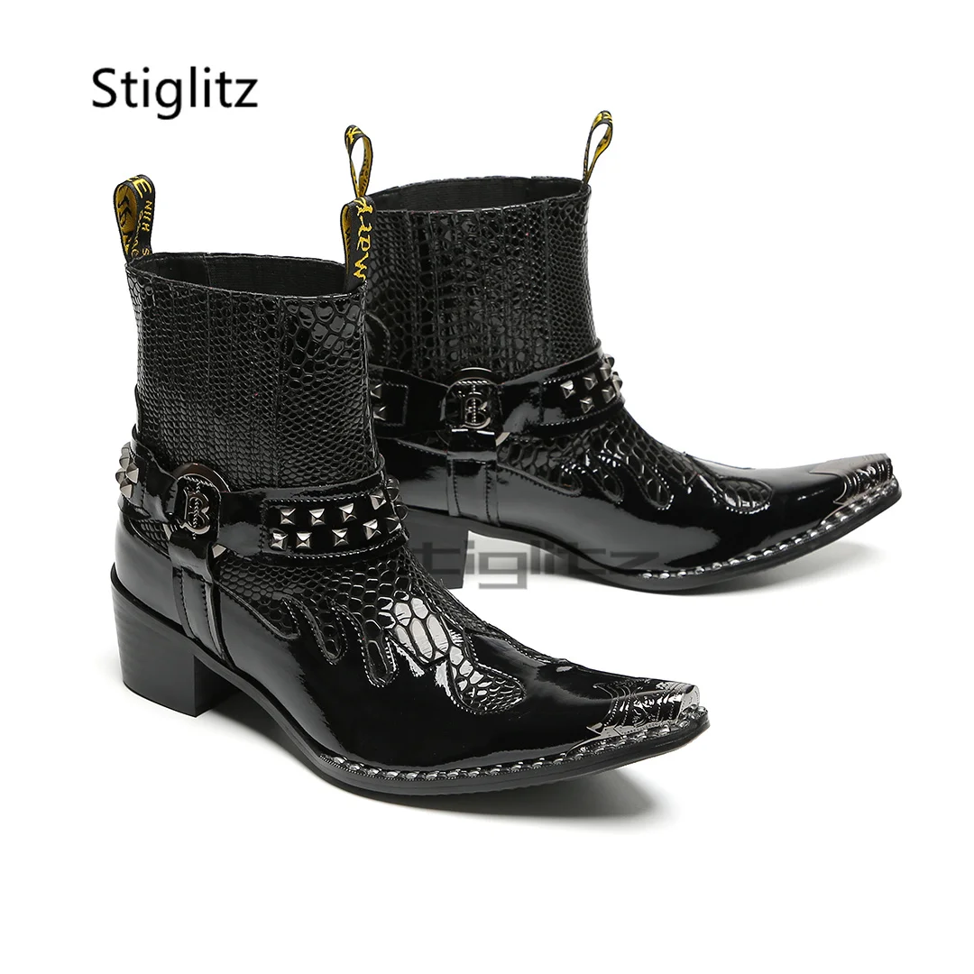 Men's Western High Heels Motorcycle Boots Punk Rivets Iron Pointed Toe Chelsea Boots Genuine Leather Slip-On Black Dress Shoes
