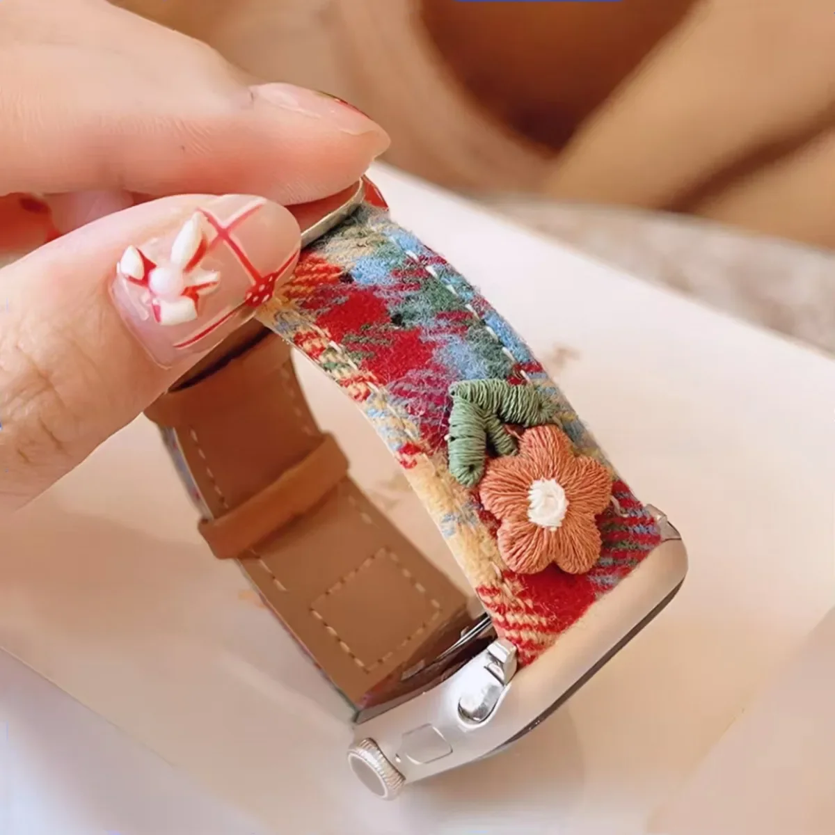 애플 워치 밴드용 컬러풀 격자 무늬 모직 PU 가죽 스트랩, 아이워치 49 울트라 9 8 7 se 6 5 4 3 용 41/45 40/44 팔찌, S10 42mm, 46mm