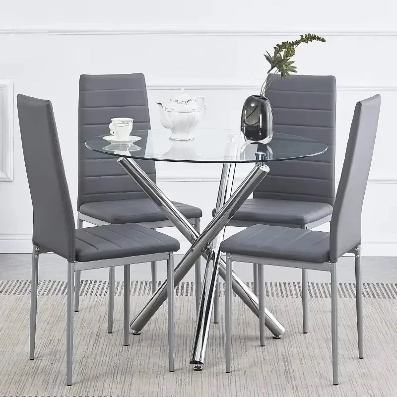 Dining Set for 4, Round Glass Dining Table with 3 Legs and 4 Metal Chair Home Office Kitchen Dining Room,Silver+Gray