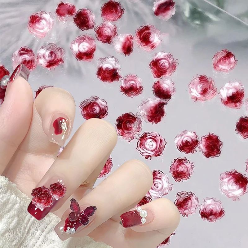 50pcs Kawaii Multicolor Red Gradient Rose Camellia Resin Nail Art Charms Nail Decorations DIY Acrylic Rhinestones Accessories