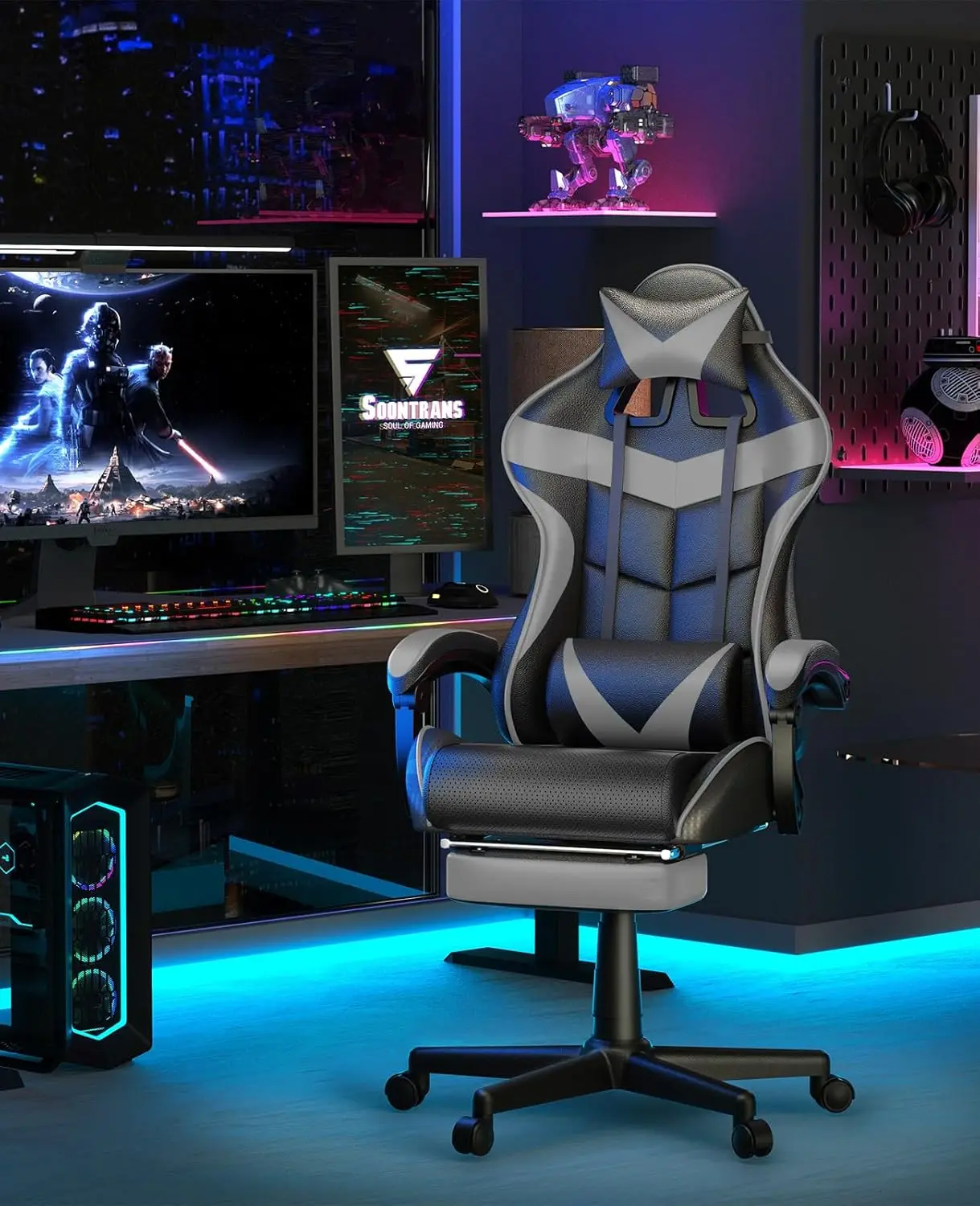 Soontrans Grey Gaming Chairs with Footrest,Ergonomic Computer Game Chair, Gamer Chair with Lumbar Pillow and Adjustable