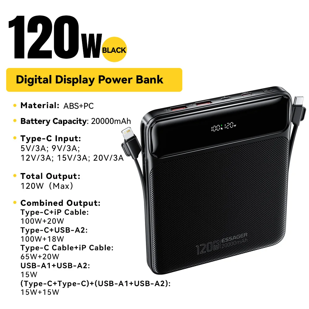Essager 120 W Power Bank 20000 mAh mit zwei integrierten Kabeln PD Schnellladung für iPhone 16 15 14 Pro Max MacBook Laptop Xiaomi 14 3
