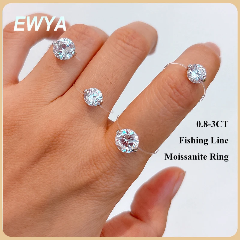 

EWYA 0.8-3CT Transparent Fishing Line Moissanite Ring GRA Certified 925 Silver Round Diamond Rings Wedding Band for Women Man