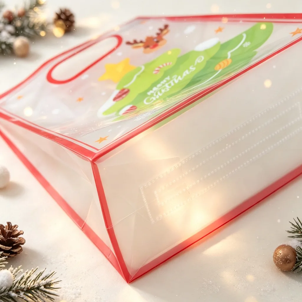 Transparent Shopping Bag Transparent PP Plastic Handle Bag Christmas Candy Bag UV Printed For Desserts Apples Small Personal