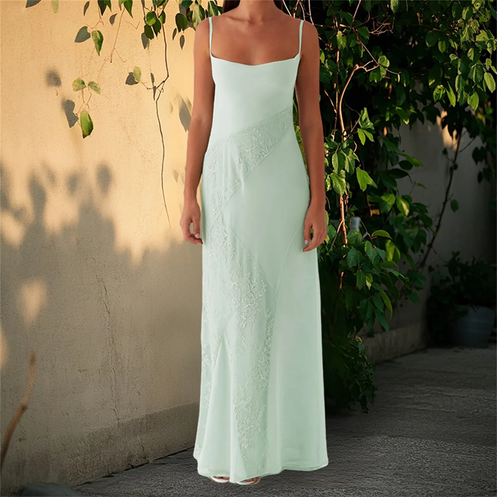 Vestido largo de mujer de encaje de retazos sin mangas vestido camisola de verano con lazo sin espalda vestido de tirantes finos