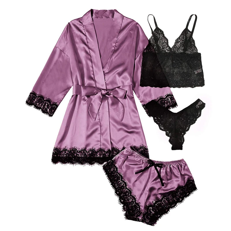 

Women's Summer Sexy Pajama Pants Set 4 Pieces Lace Satin With Silk Sleepwear Robe Fashion And Comfortable Nightwear