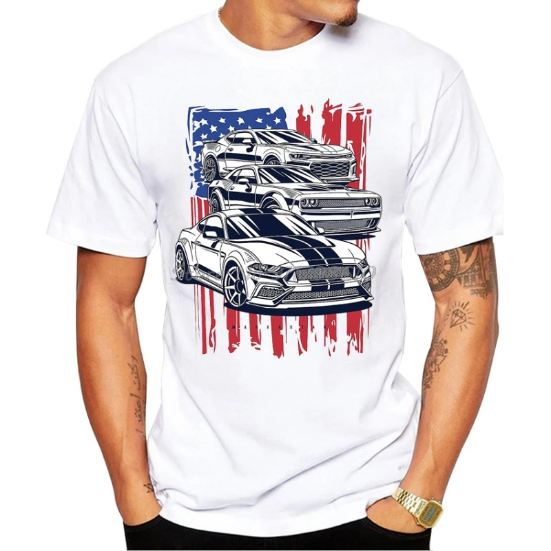 Mustang Camaro Challenger Car Print T-Shirt New Summer Men Short Sleeve American Crew Boy Casual White Tees Cool Tops for men