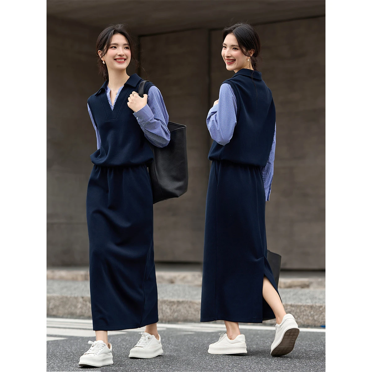 VIMLY Women's Navy Two-piece Set 2026 Autumn New Fake Two-piece Pullover Long Midi Skirt Fashion Elegant Matching Outfit A2815
