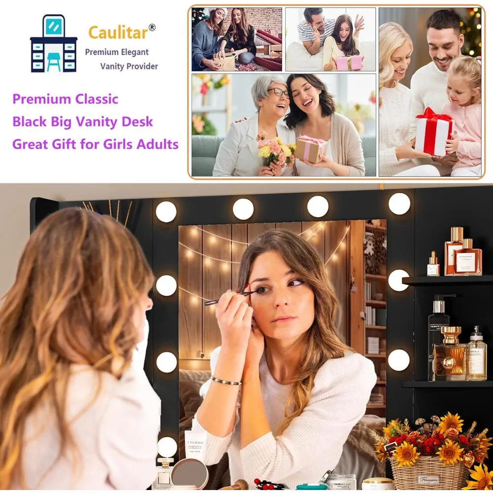 مكتب زينة فاخر أسود كبير 55 بوصة ارتفاع مع مرآة وأضواء، 7 أدراج، 6 أرفف مكياج كبيرة، 10 لمبات، 3 أوضاع #6