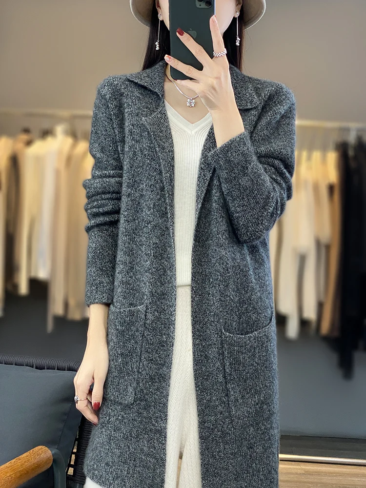 Choice Women Turn-down Collar Long Style Cardigan Long Sleeve Sweater Autumn Winter New Clothes 100% Merino Wool Knitwear Coat