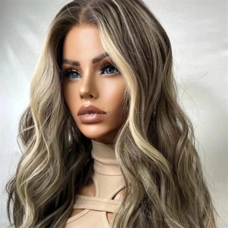 

High Density Ash Blonde Synthetic Lace Front Wig 13×4 Blonde mix Brown HD Lace Glueless Wig for Women Daily Party Cosplay Use