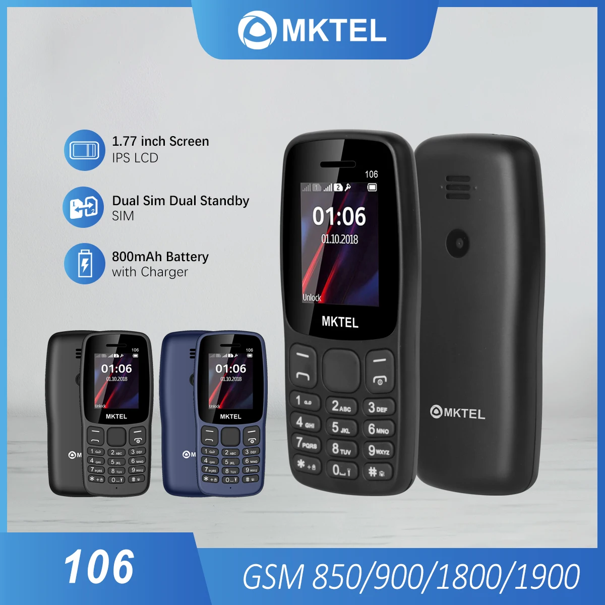 MKTEL 106 Feature Phone 1.77''Display Dual card dual standby 800mAh Battery MP3 MP4 FM Radio bluetooh