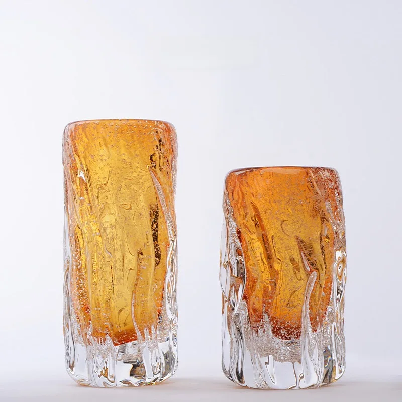 Light luxury high-end artificial wabi sand wind glass vase ornament glazed glacier texture bark pattern soft flower arrangement